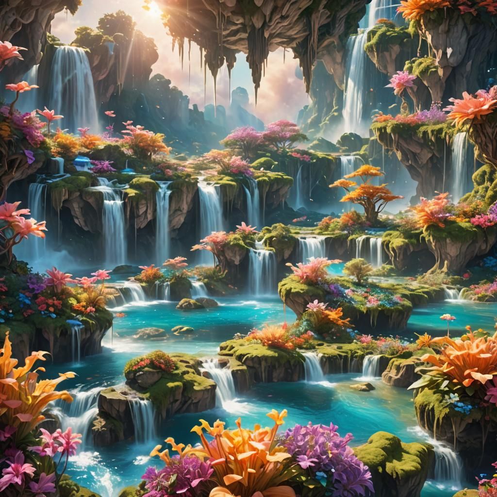 Shimmering Dreamscape of Floating Islands and Waterfalls