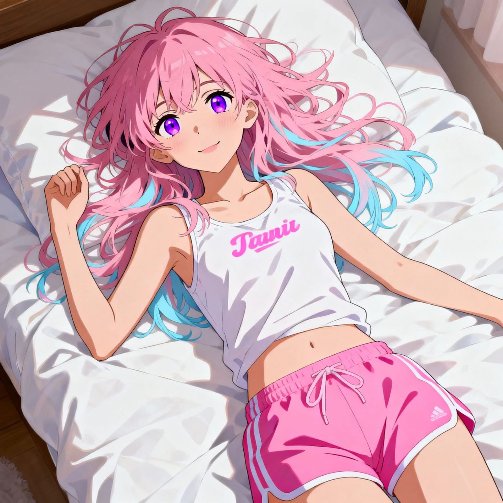 Cute Anime Girl with Pink Hair on Bed