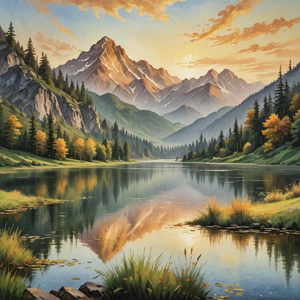 Majestic Mountain Landscape at Sunrise as Oil Painting