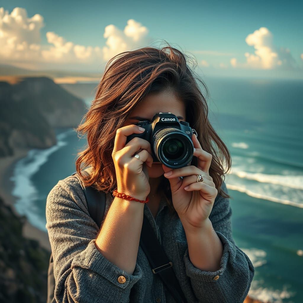 Close up of An adventurous brunette female is photographing ...