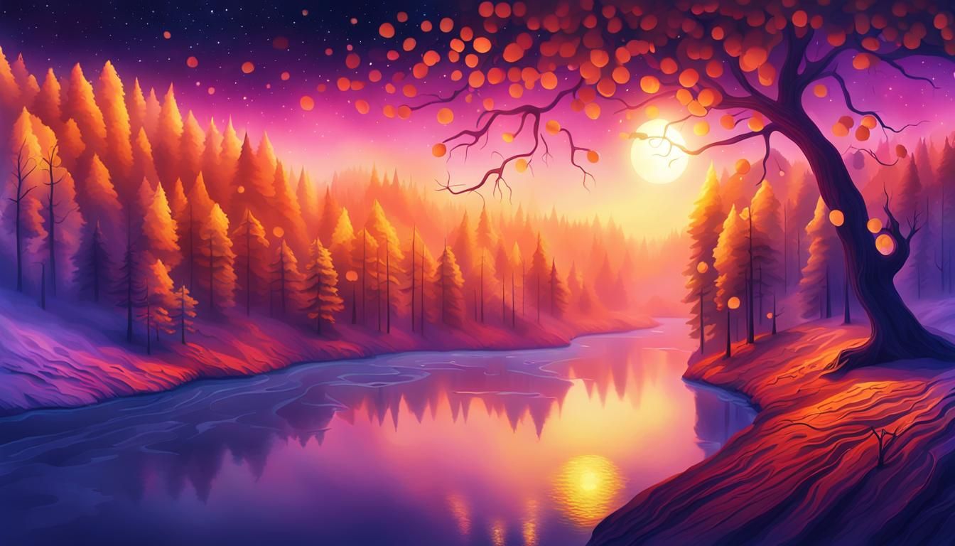 Gold River Flowing Through Misty Forest at Night