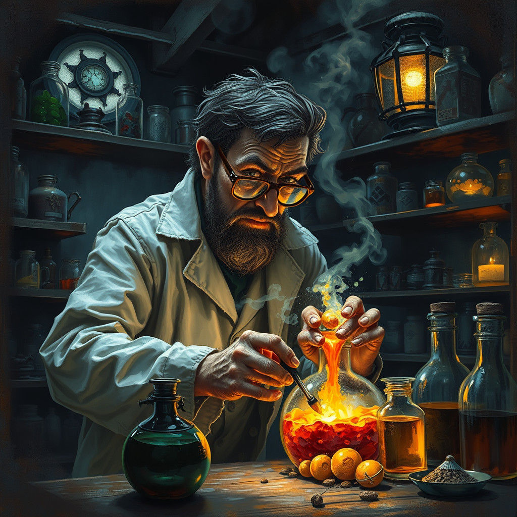 Mad Scientist Mixing Potions in Eerie Laboratory