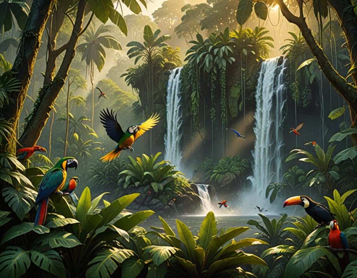 Vibrant Tropical Birds Fly Through Misty Rainforest Waterfal...