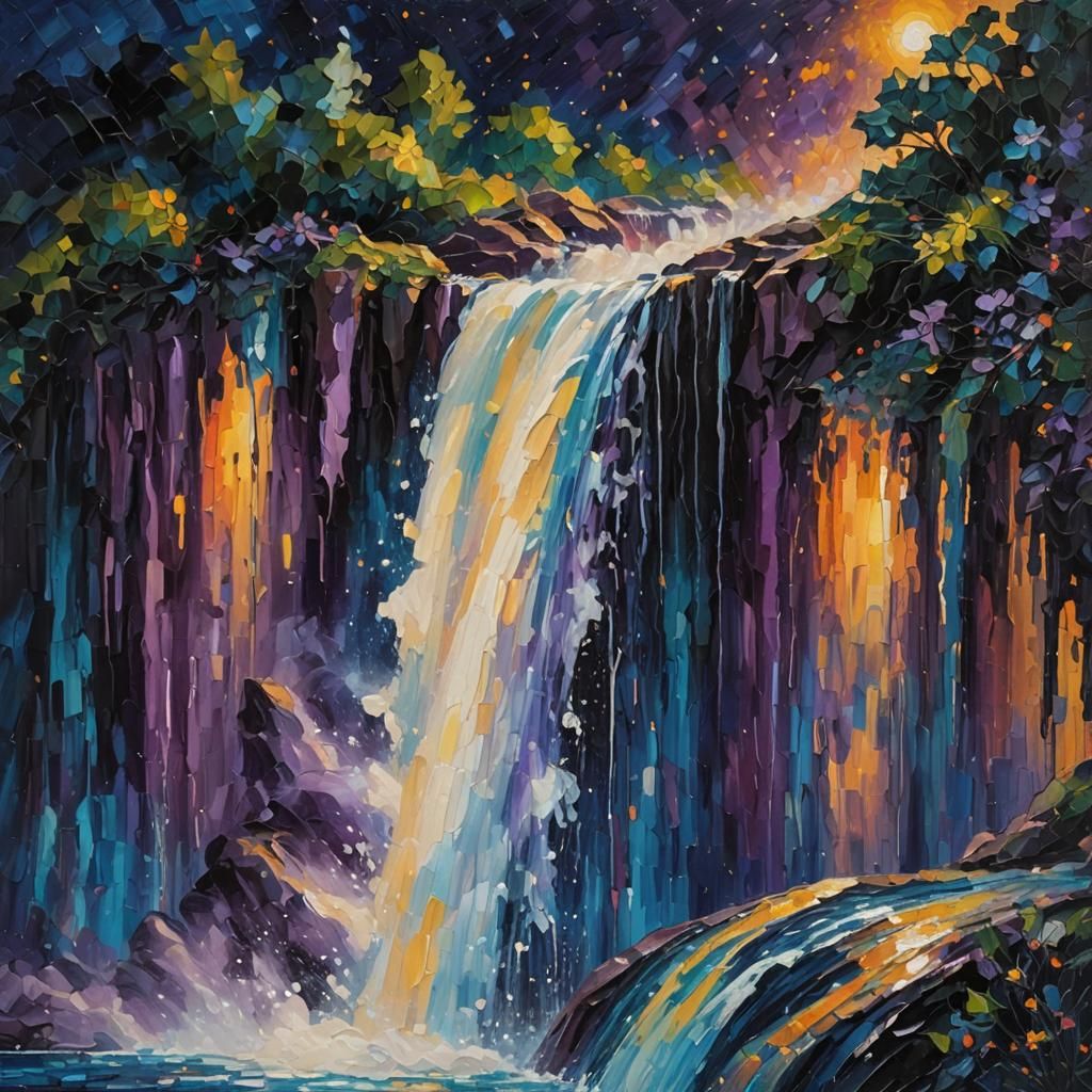 Nocturnal Waterfall in Neo-Impressionist Expressionist Style