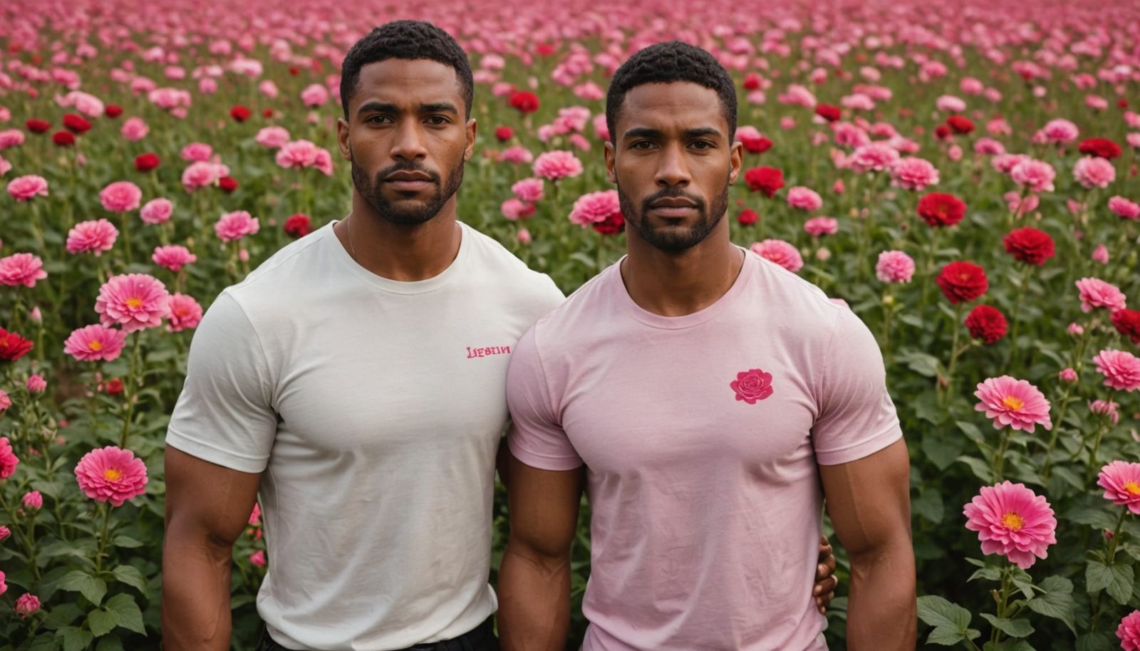 Men in Field of Flowers, Hyperrealistic Photograph