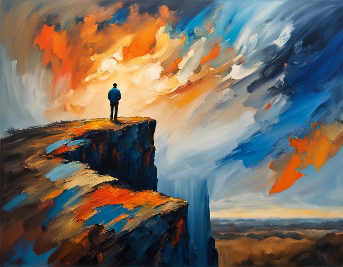 Majestic Figure Stands at Edge of Cliff in Vibrant, Expressi...