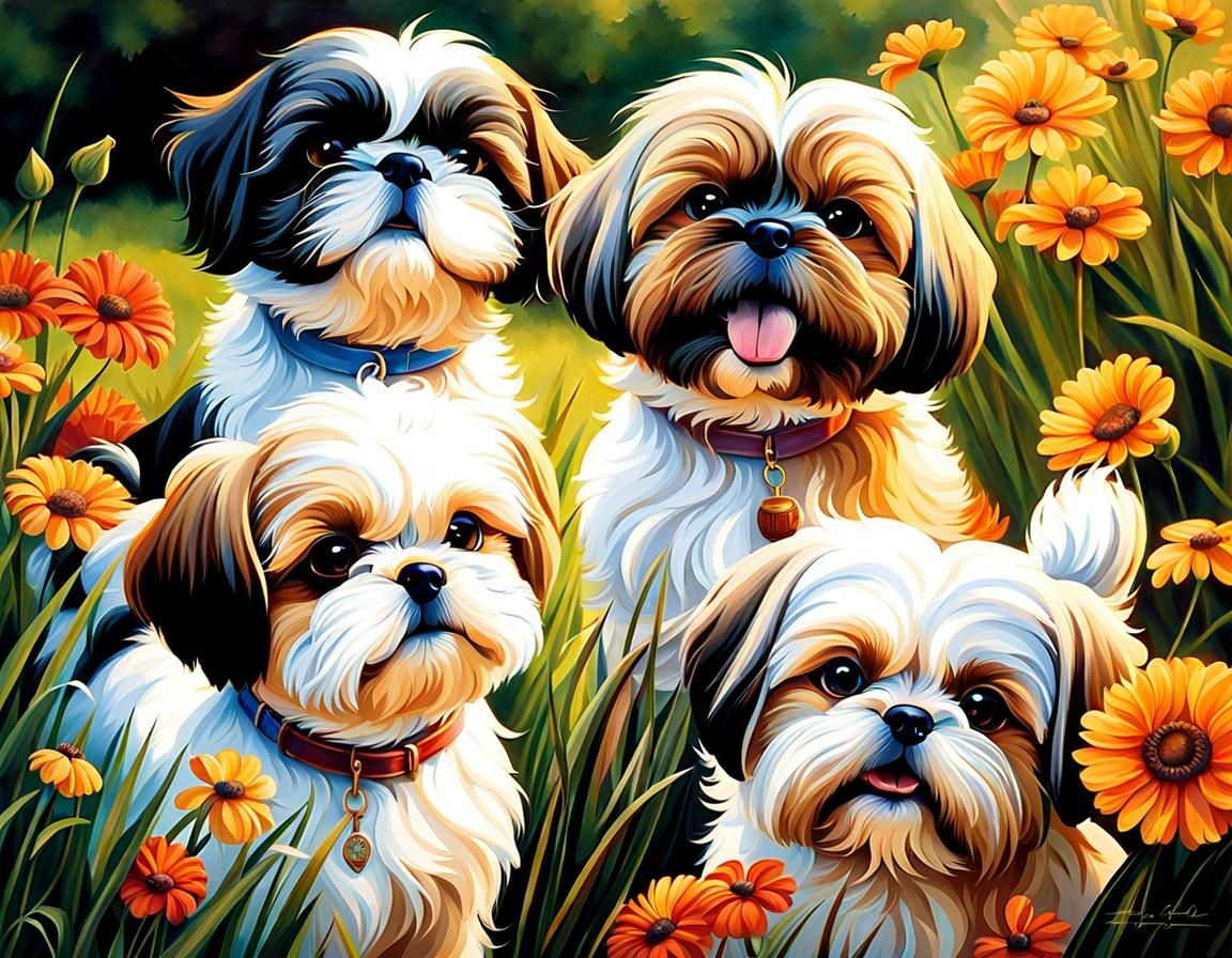 Shih Tzu Dogs Frolic in Sunlit Meadow