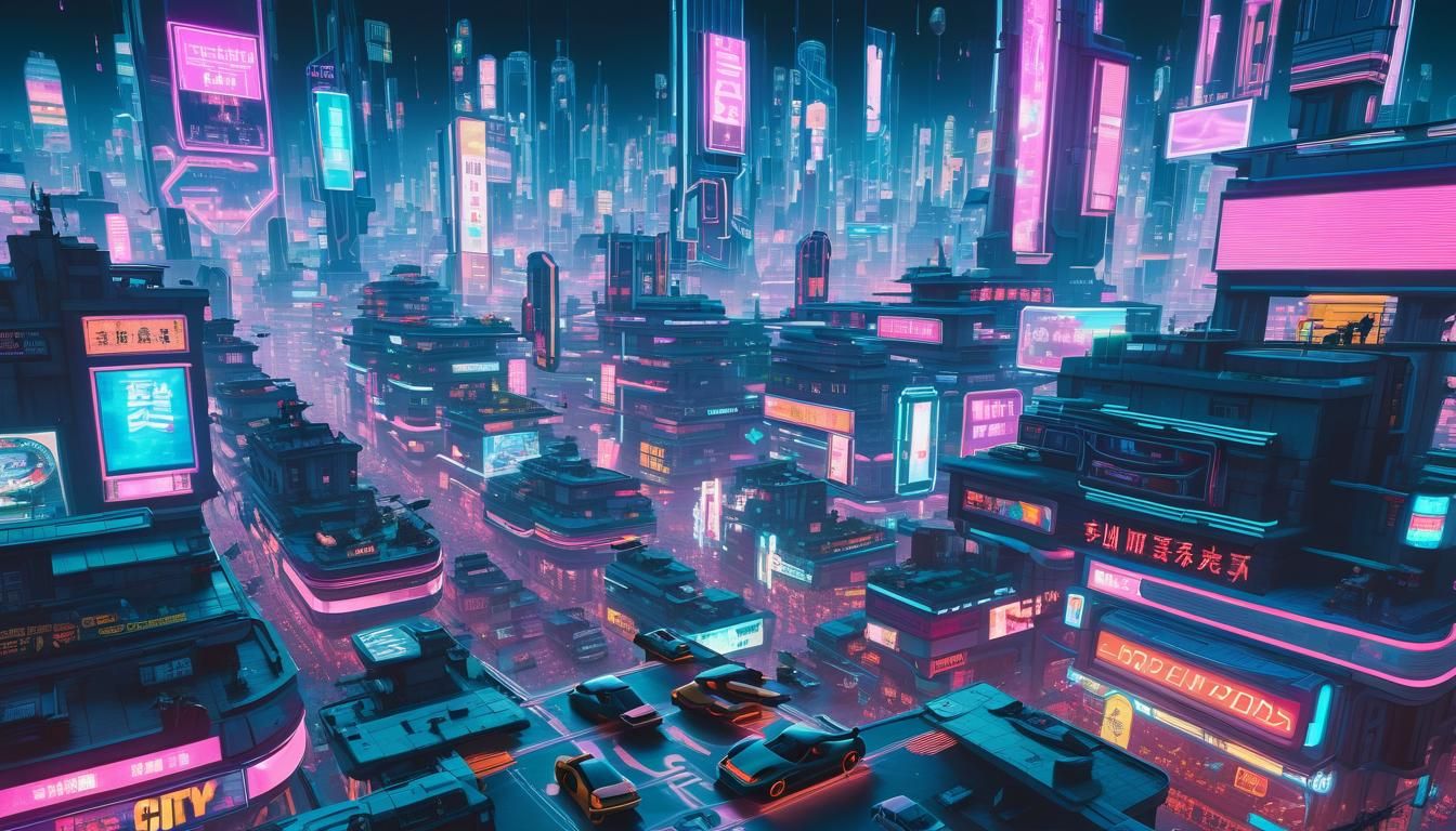 Cyberpunk Cityscape with Neon Billboards and Flying Cars