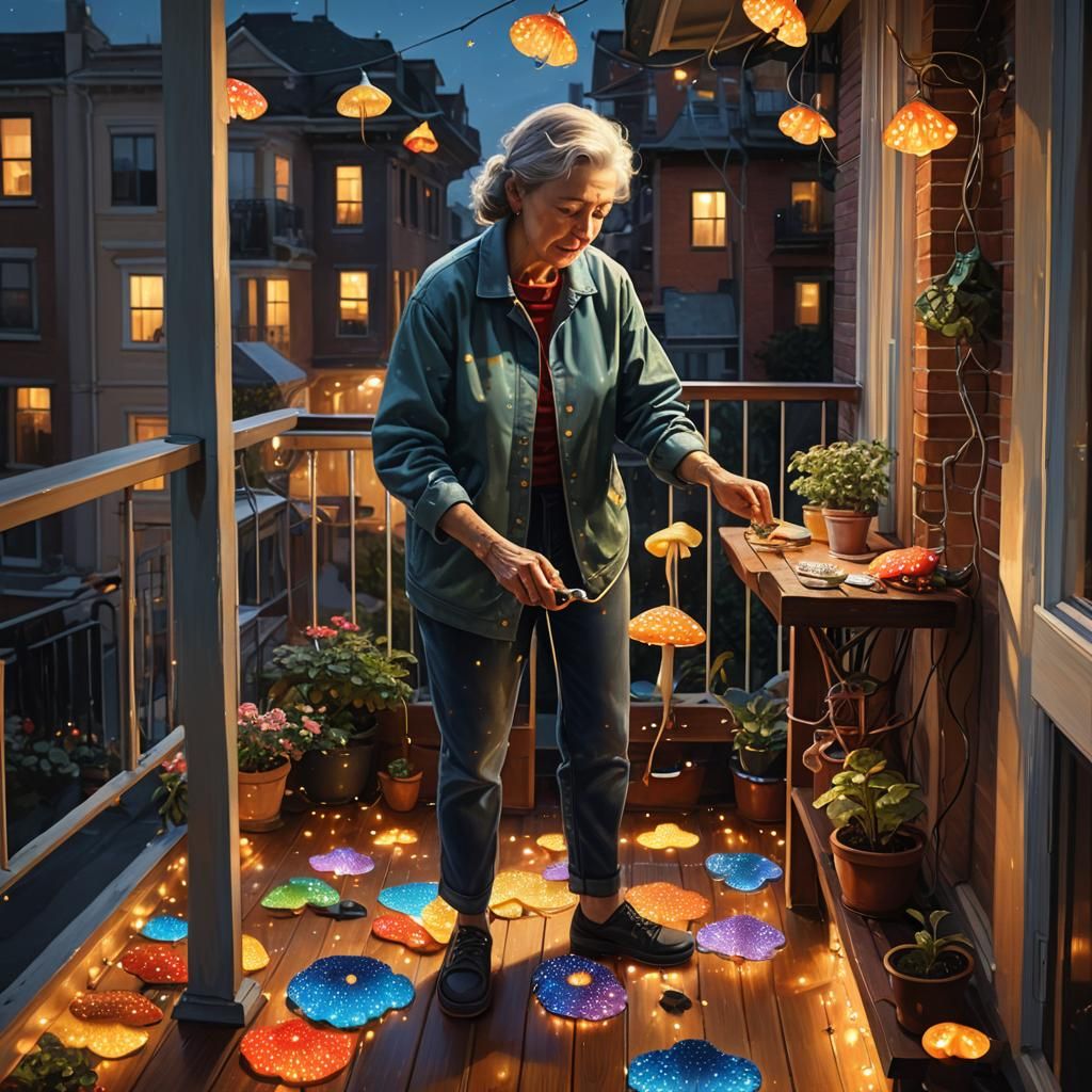 Balcony Cleaning in Golden Hour, Oil Painting Style