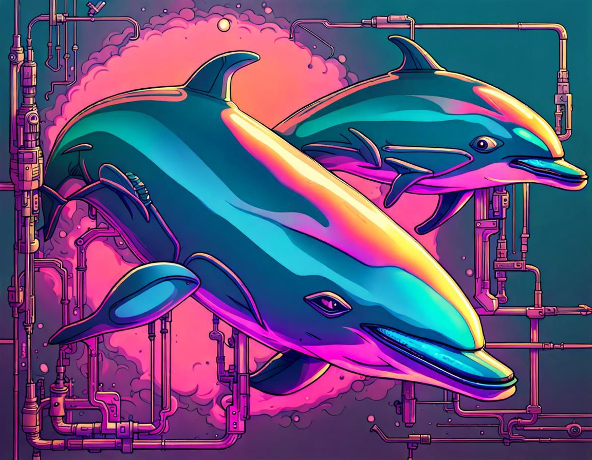 Cyberpunk Dolphins Swimming in Incandescent Plasma