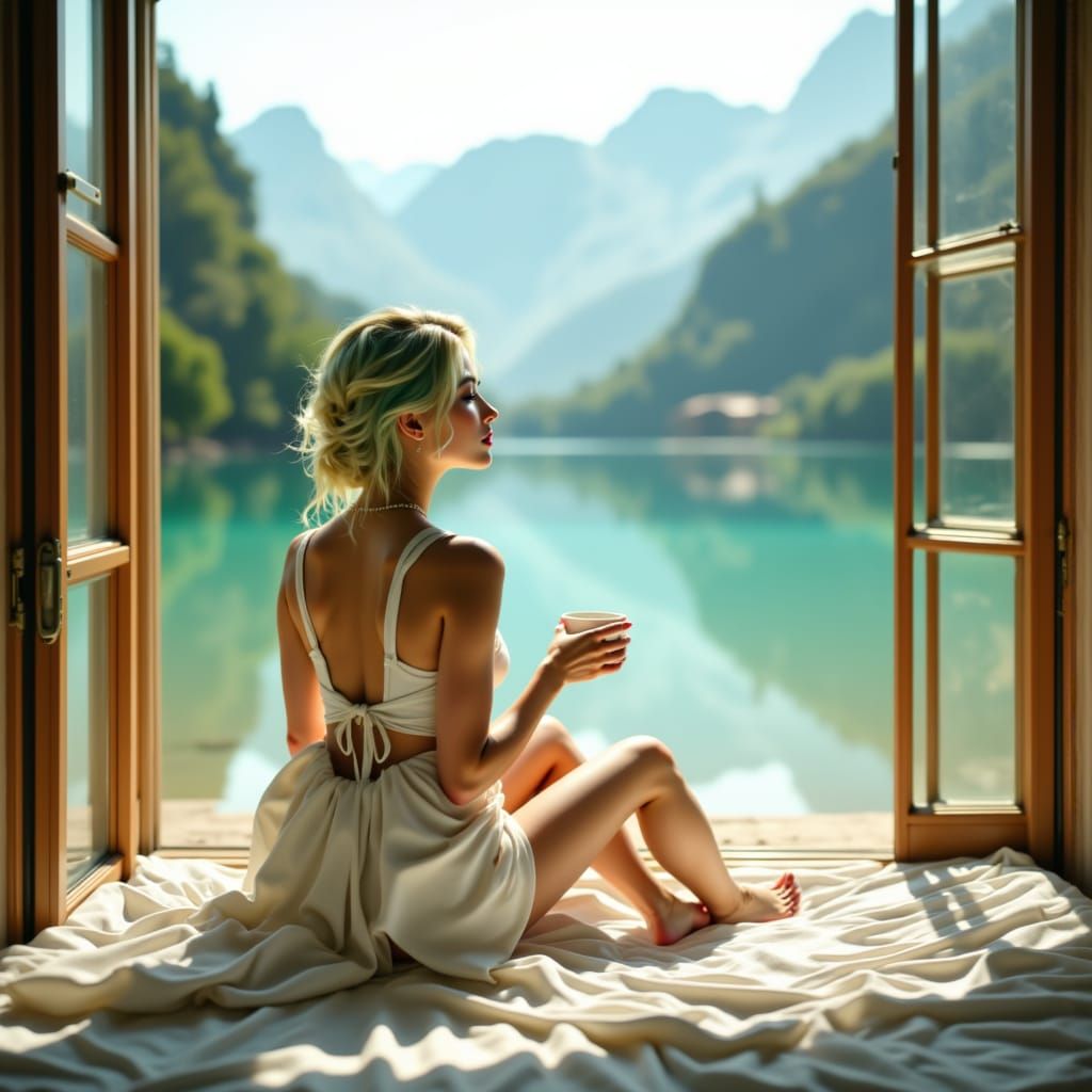 Asian Woman Gazing at Summer Lake in Digital Art