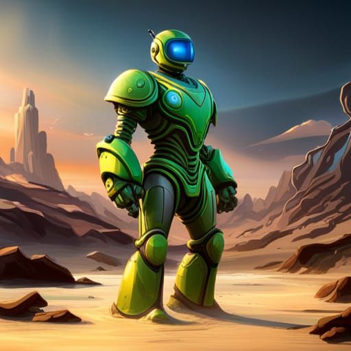 Detailed Matte Painting of a Green Robot