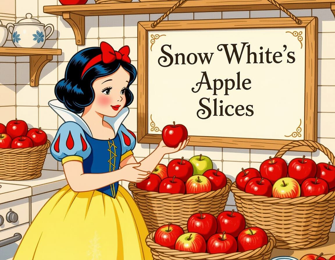 Snow White in Cozy Kitchen, Storybook Illustration