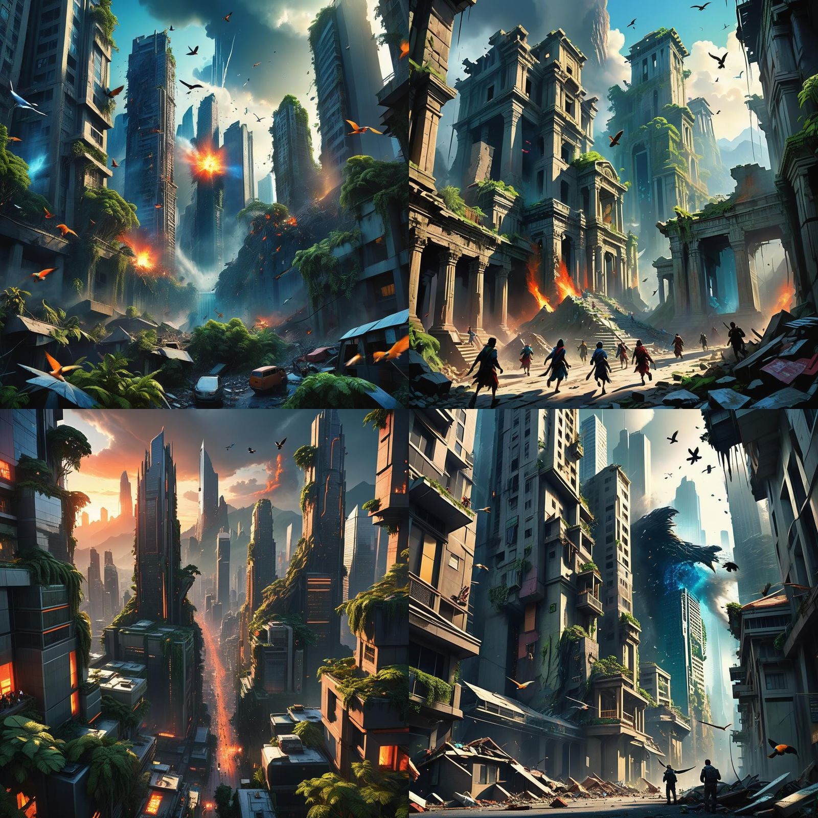 Earthquake Sunset Over Jungle City: Matte Painting