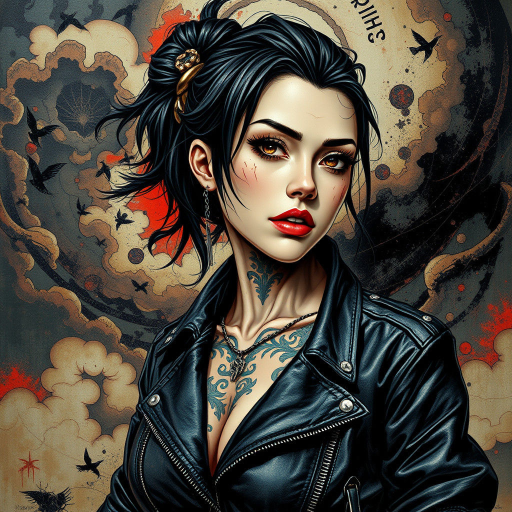 Tattooed Yakuza Woman in Surreal Japanese Landscape