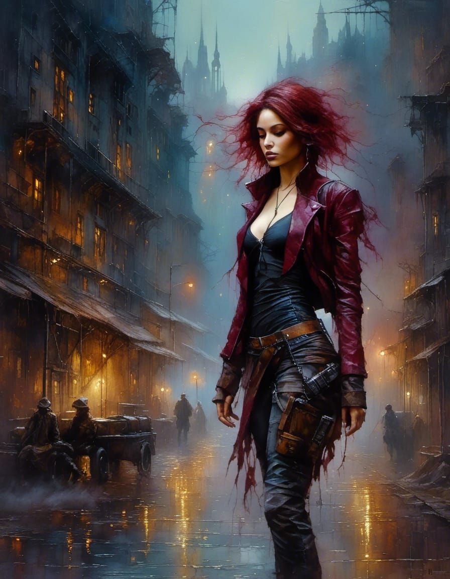 Futuristic Battlemage in Dystopian Cityscape