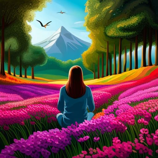 Person in Flower Garden Using Computer