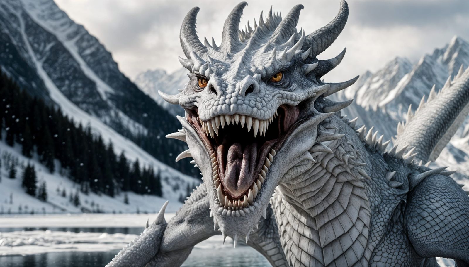 Angry White Dragon Emerges From Frozen Lake