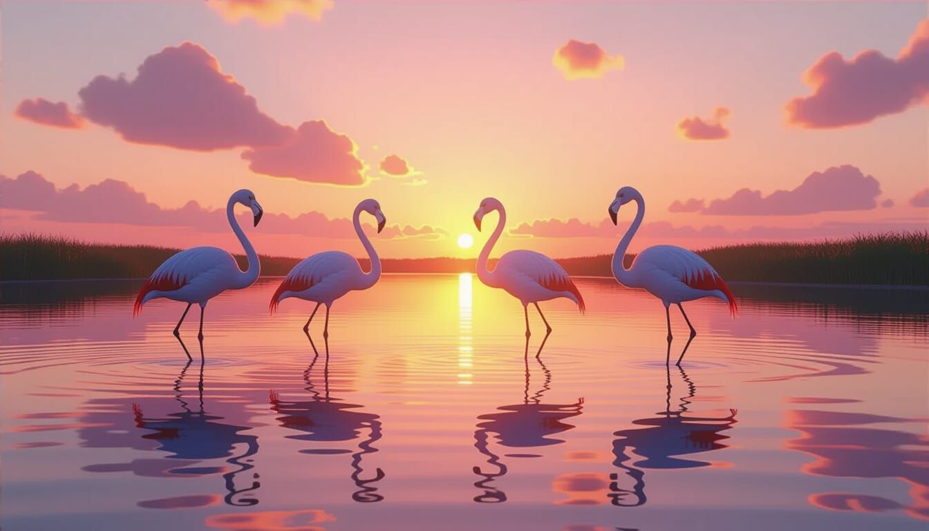 Elegant Flamingos at Golden Hour Sunset
