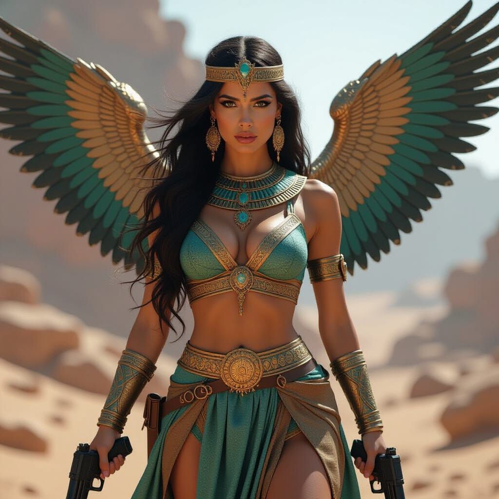 Egyptian Warrior Woman with Wings and Guns