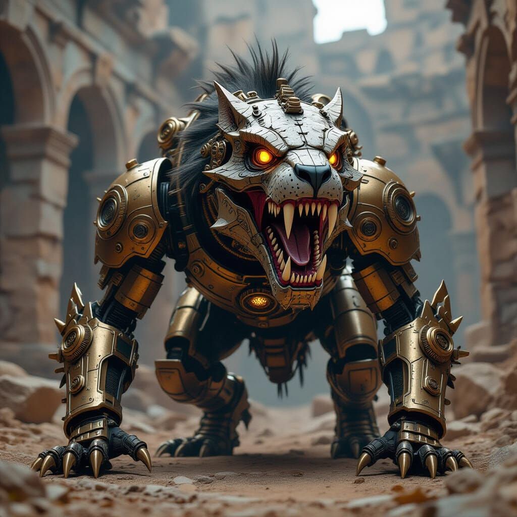 Steampunk Smilodon in Ancient Ruins