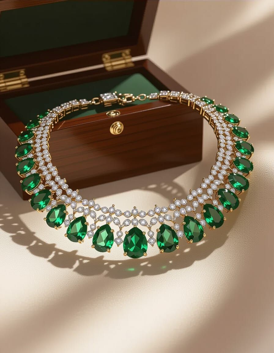 Regal Lady Wearing Emerald and Diamond Necklace