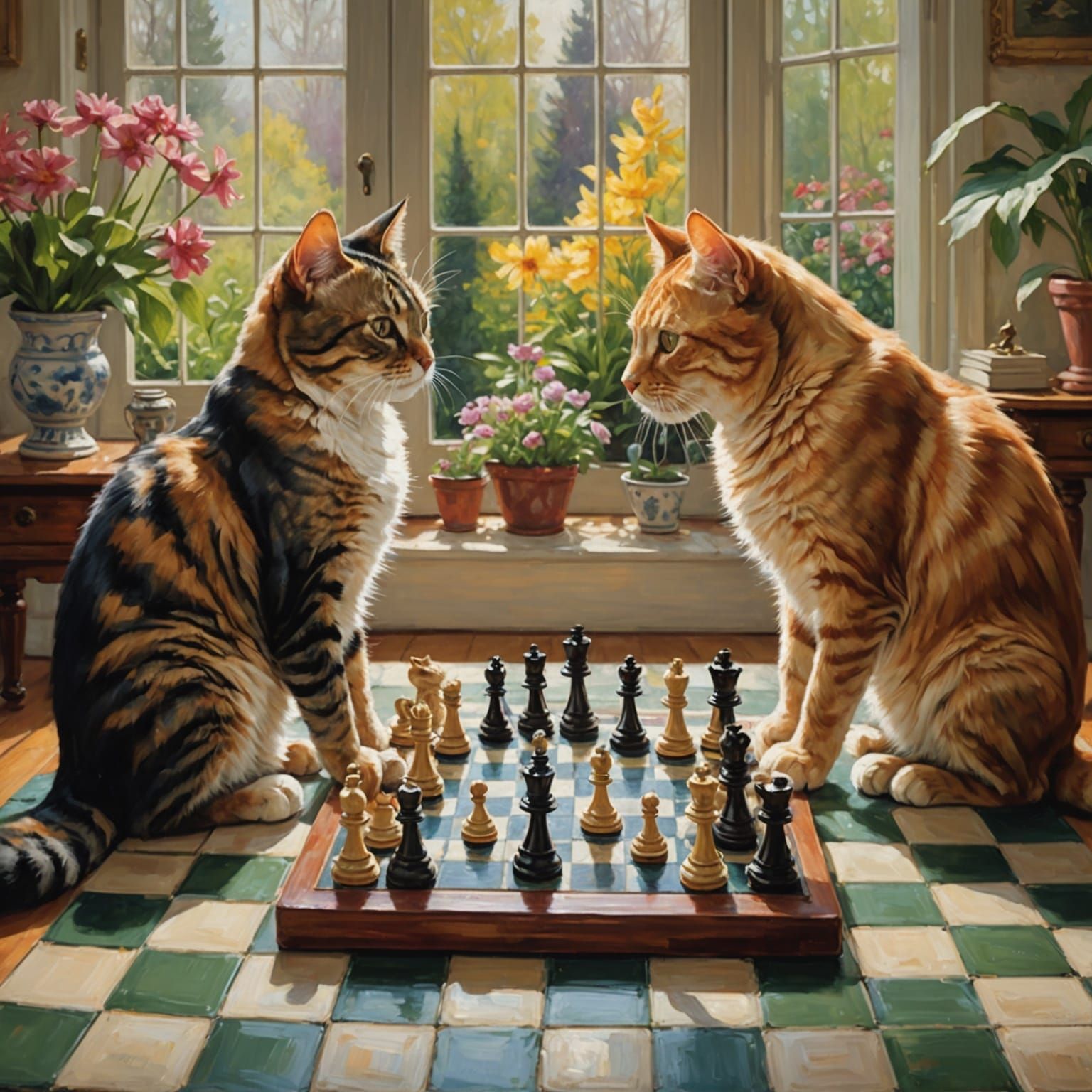 Cats Playing Chess with Dogs in Impressionist Style