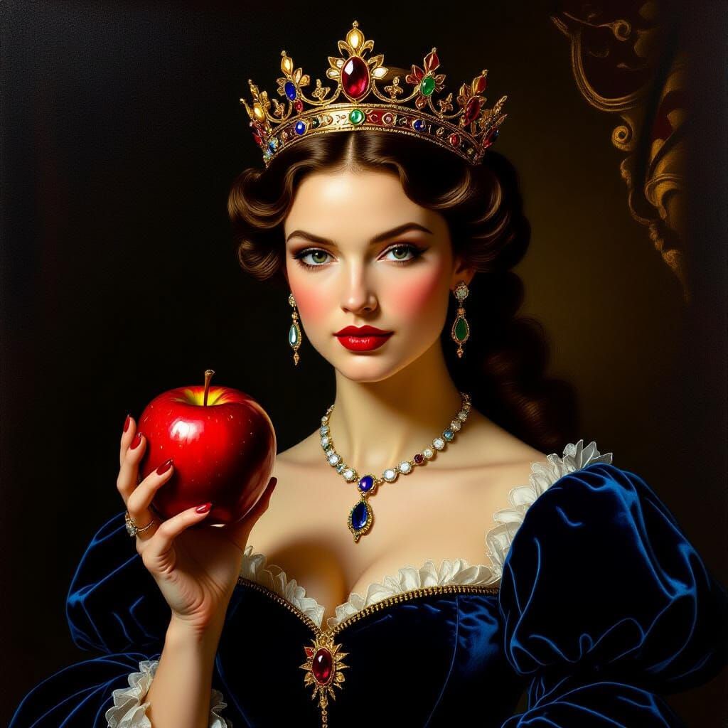 Regal Queen Holds Jeweled Apple in Dramatic Chiaroscuro
