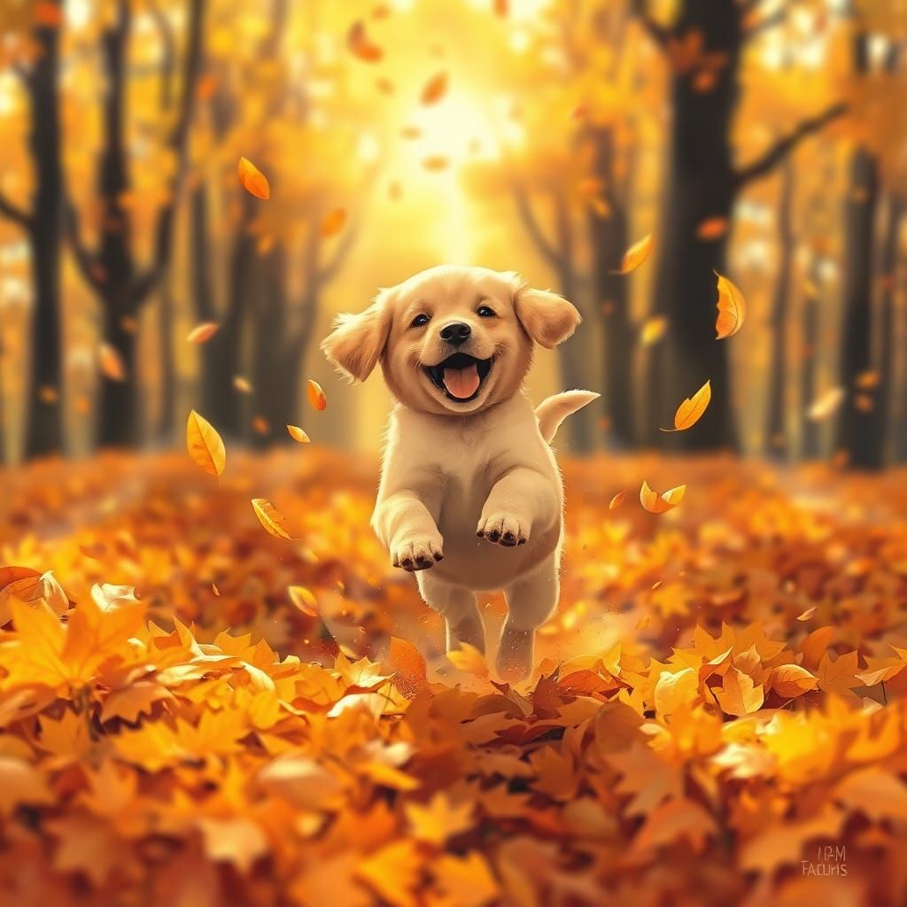 A puppy leaping into a mountain of orange leaves