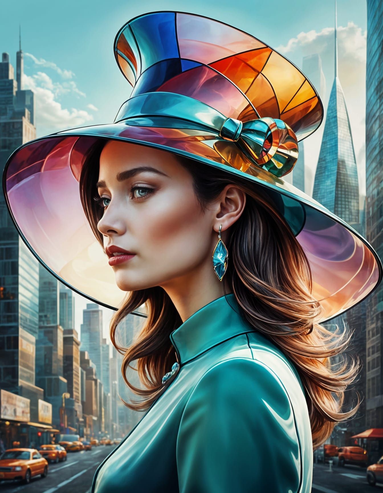 Woman in Playful Tiffany Glass Hat in Glass City
