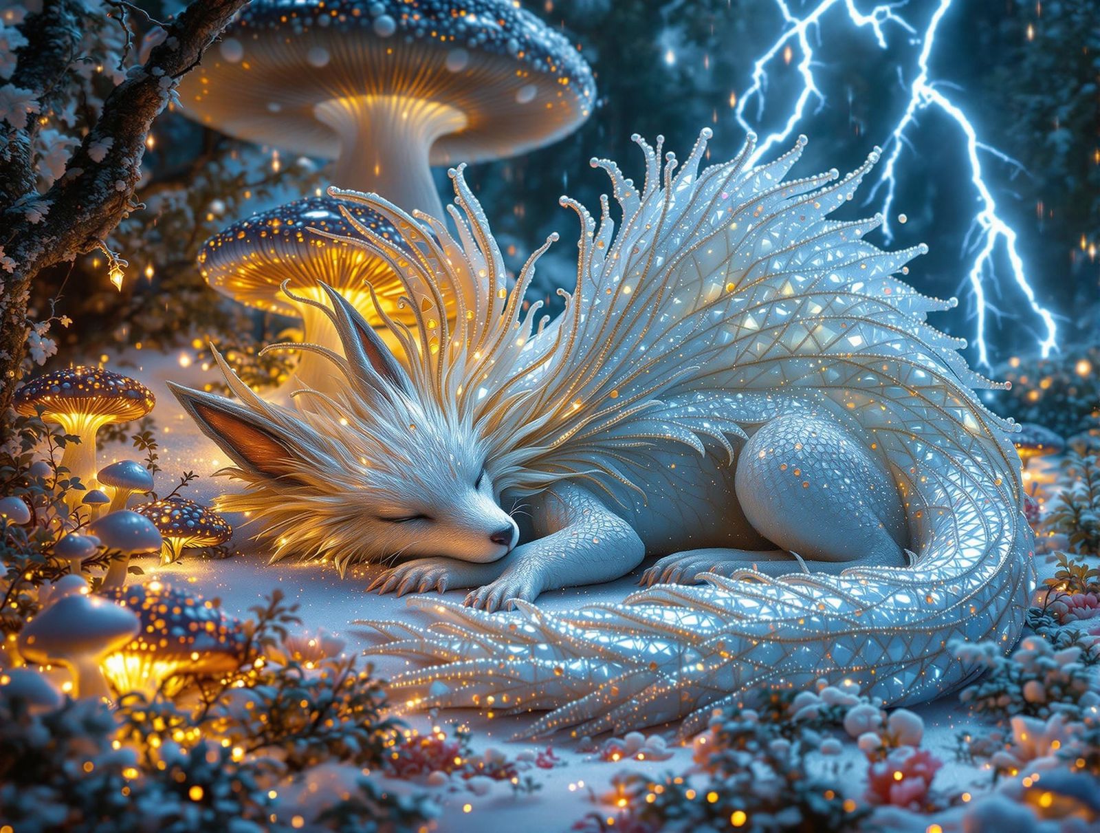 Beaded Fox Dragon Portrait in Opalescent Forest