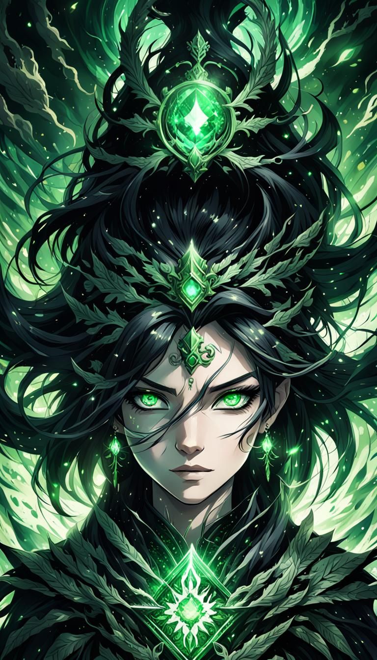 Dark Fantasy Queen with Emerald Eyes in Anime Style