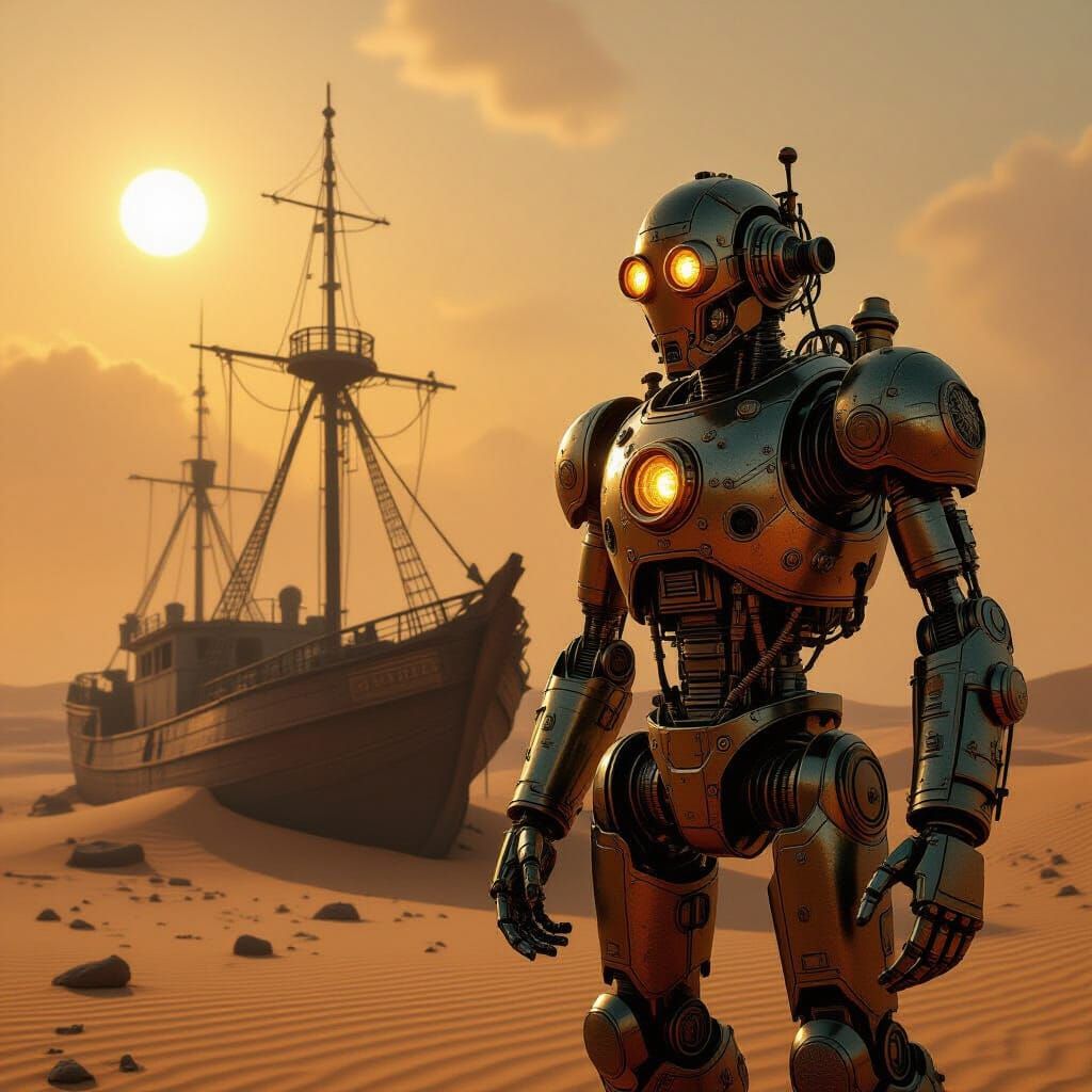 Steampunk Robot Guards Desert Ghost Ship