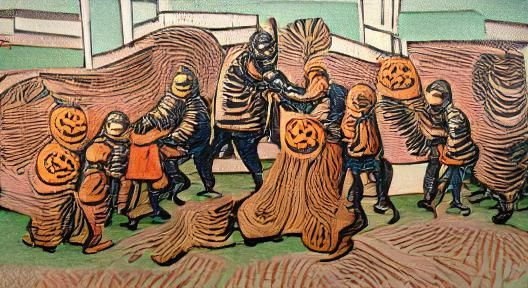 Vintage Woodcut Illustration of Halloween Trick-or-Treating