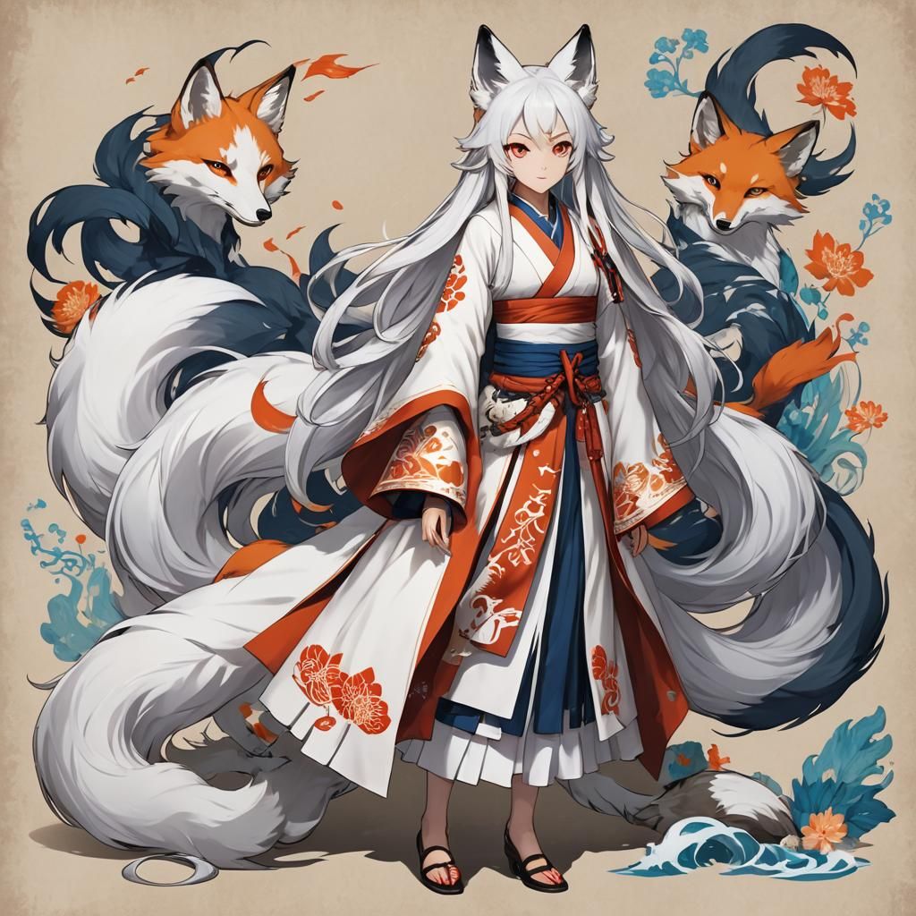 Nine-Tailed Fox Spirit Portrait in Japanese Style