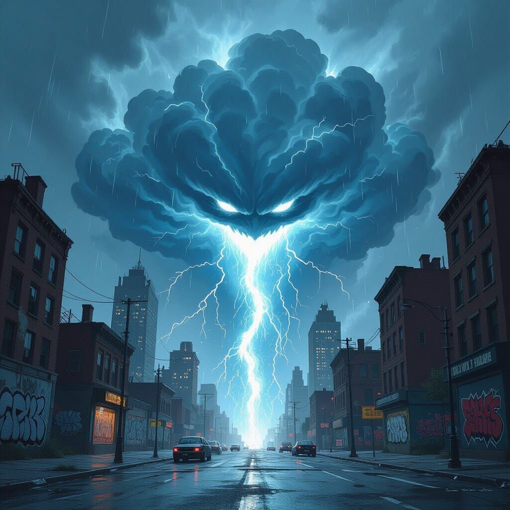 Sentient Storm Cloud Over Decaying City Street