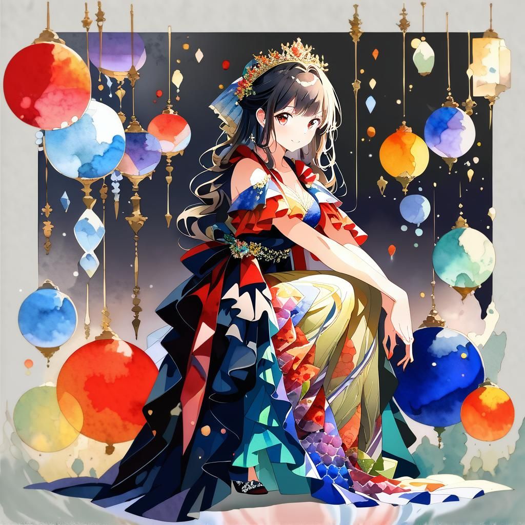 Watercolor Girl in Gala Dress with Luminous Patterns