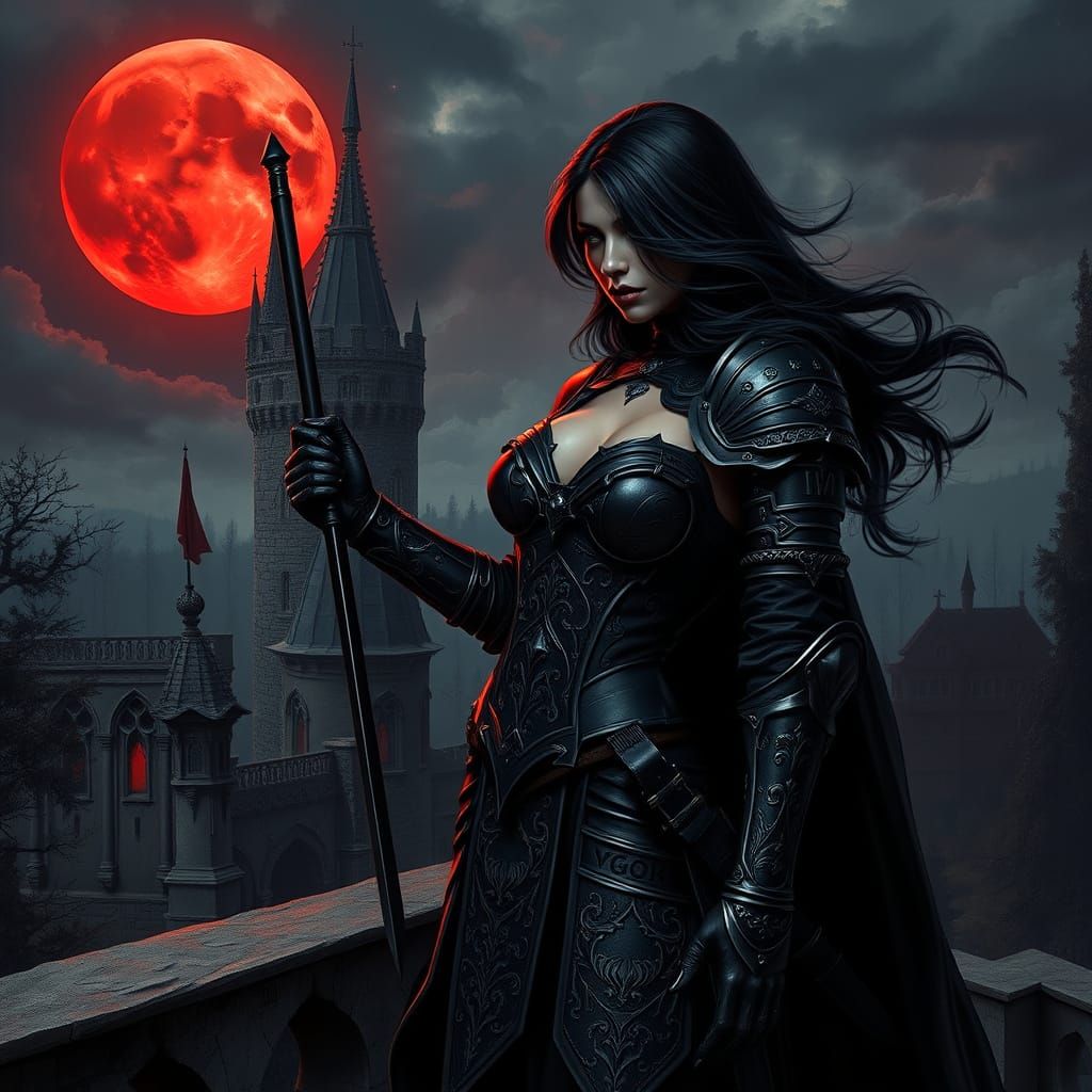 Seductive Black Knight Under a Blood-Red Moon