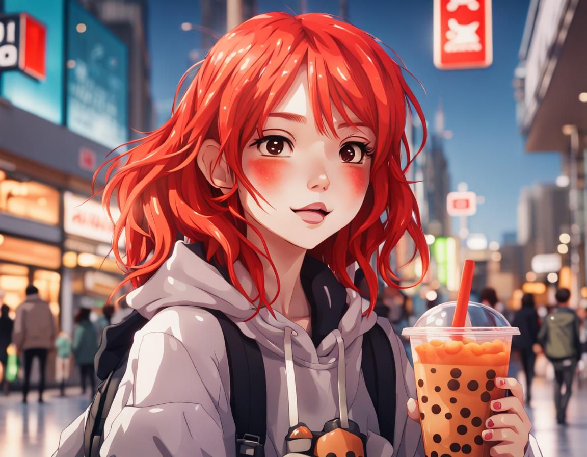 Anime Girl Sipping Boba Tea at the Mall