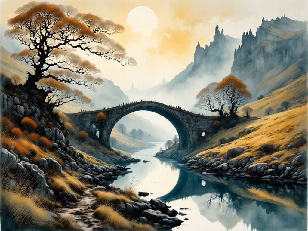 Ancient Scottish Bridge in Mystical Fog