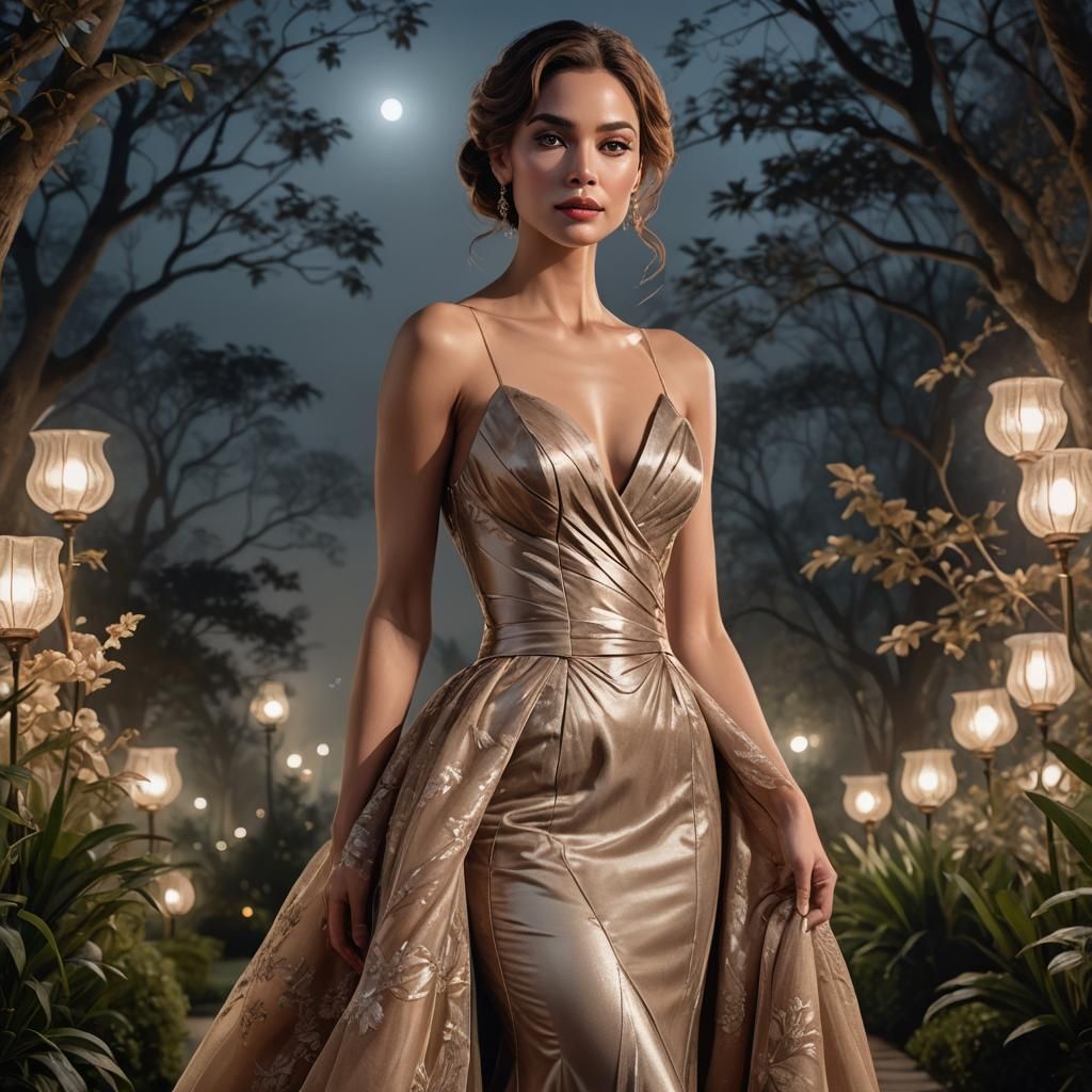 Sensual Woman in Moonlit Garden, Easel Painting