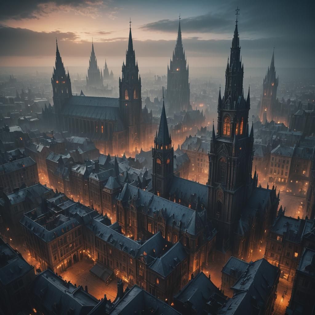 Ominous Dark Fantasy Cityscape in Twilight