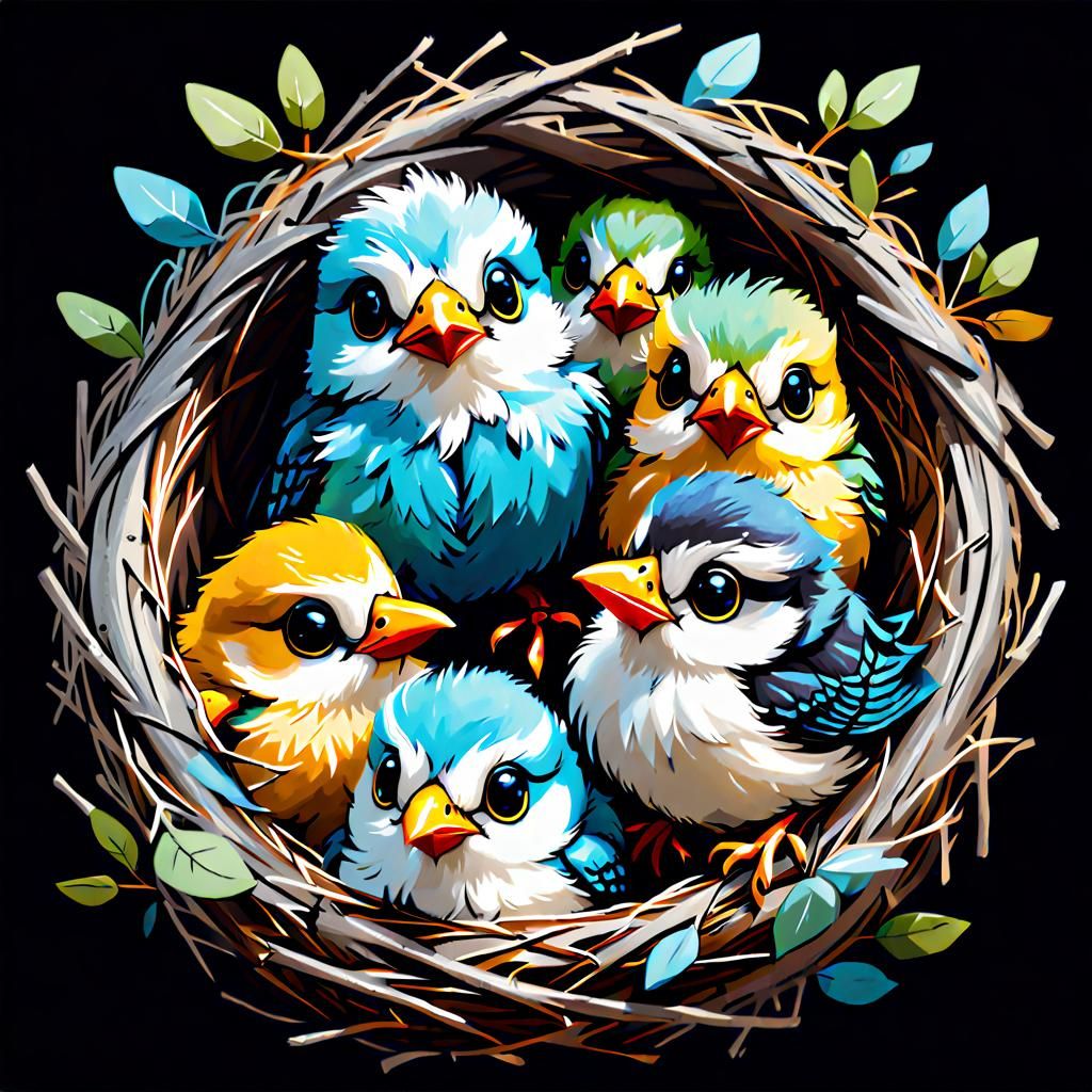 Cute Fluffy Baby Birds in Nest, Painterly Style