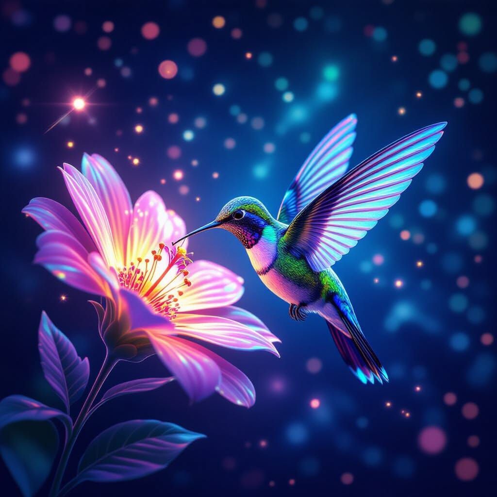 Bioluminescent Hummingbird Sipping Nectar, 3D Digital Art