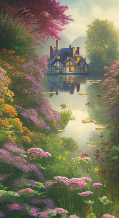 Victorian Cottagecore Castle Garden Painting