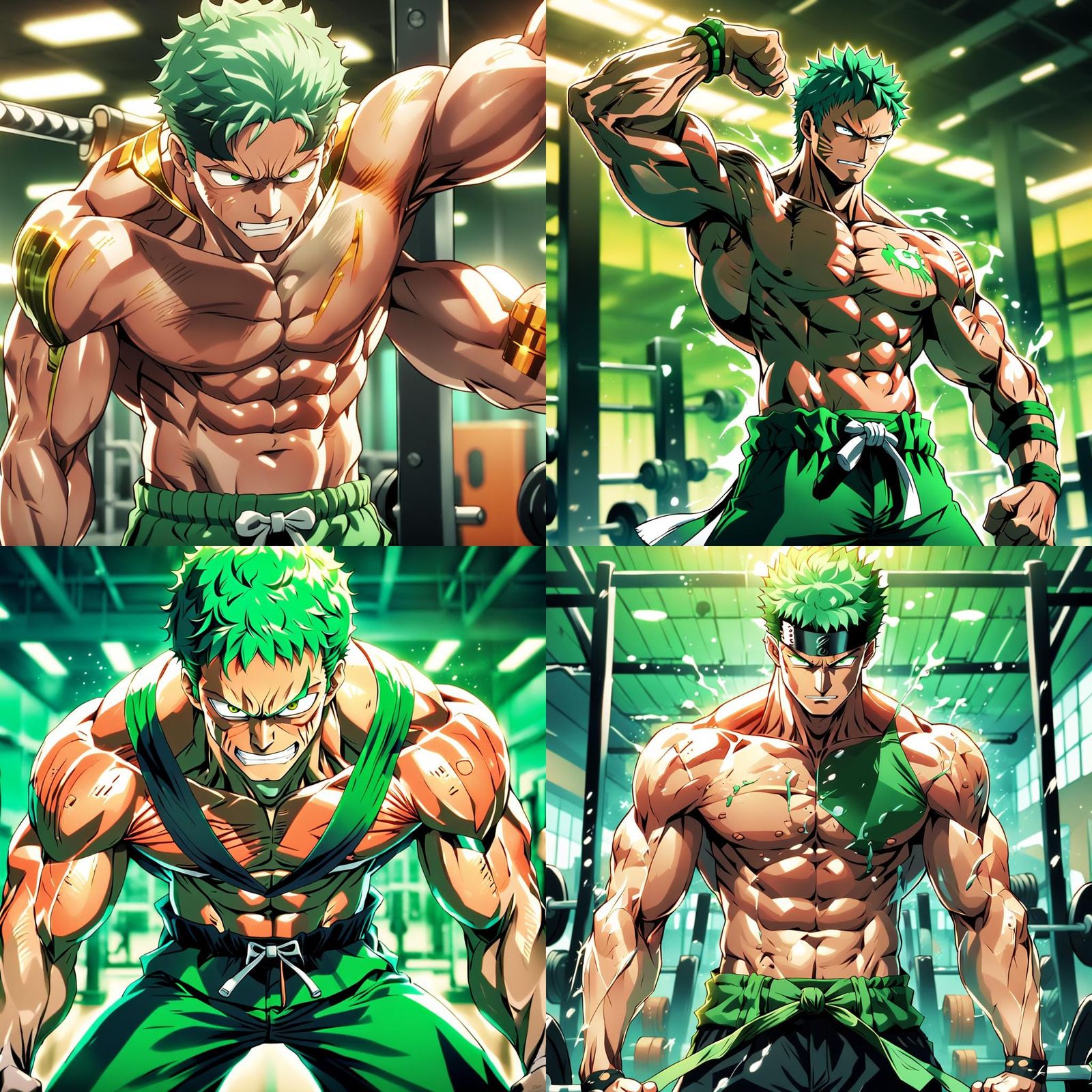 Zoro Flexing Muscles at the Gym: Anime Style