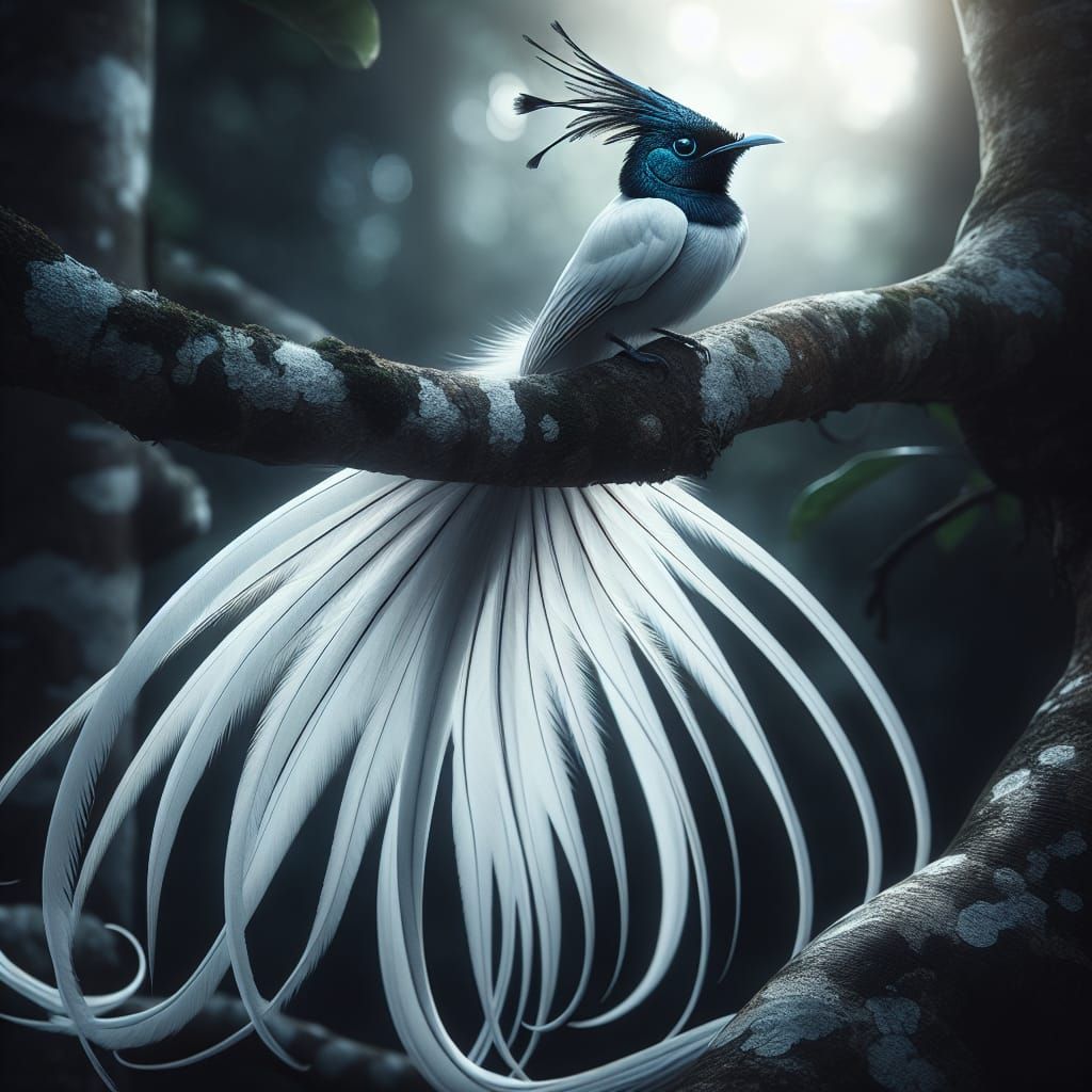 White Indian Paradise Flycatcher in Hyperrealistic Detail