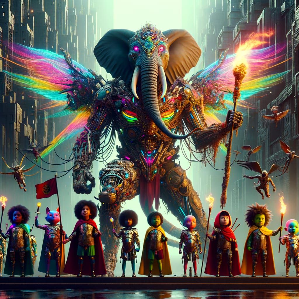 Cyberpunk Creature amidst Children Warlords in a Multidimens...