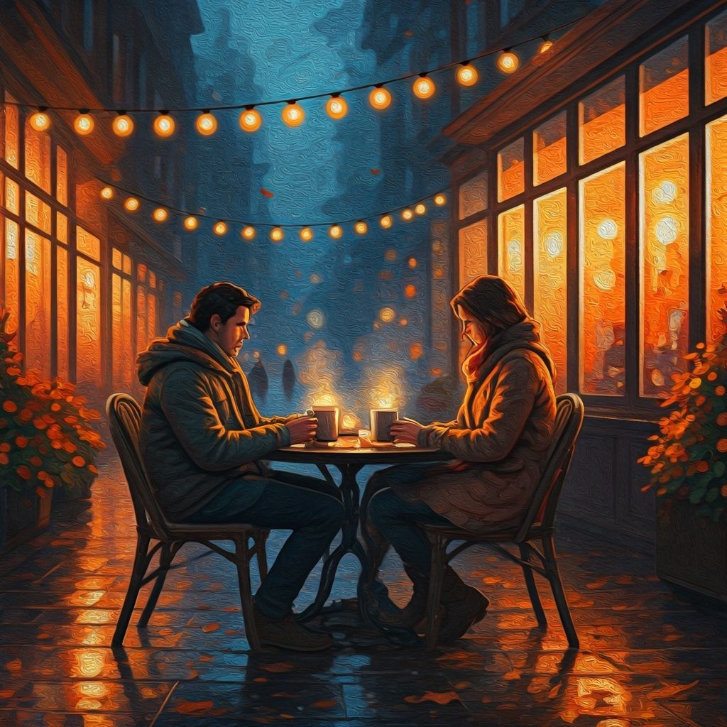 Cozy Couple at Autumn Cafe Under String Lights