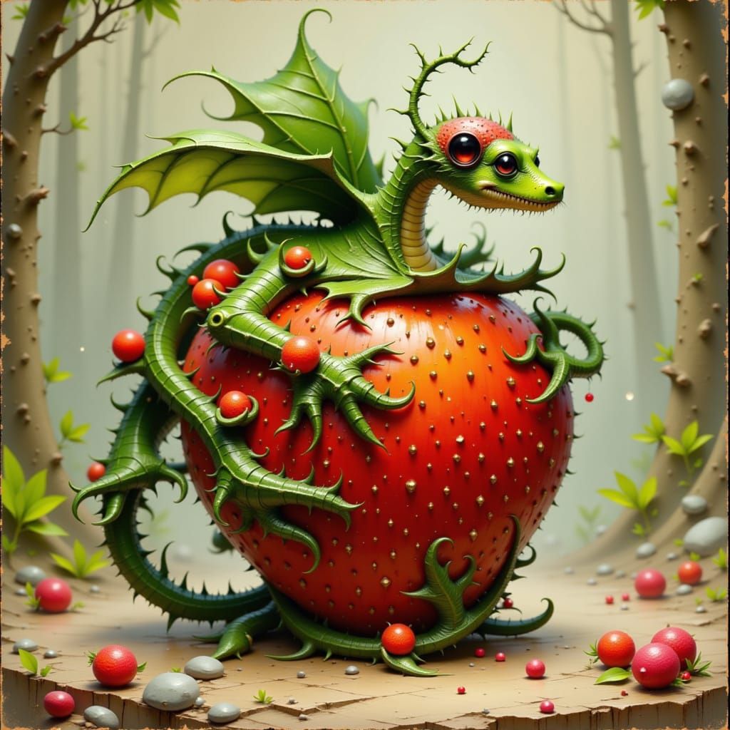 Dragon and Strawberry Fusion in Detailed Digital Art